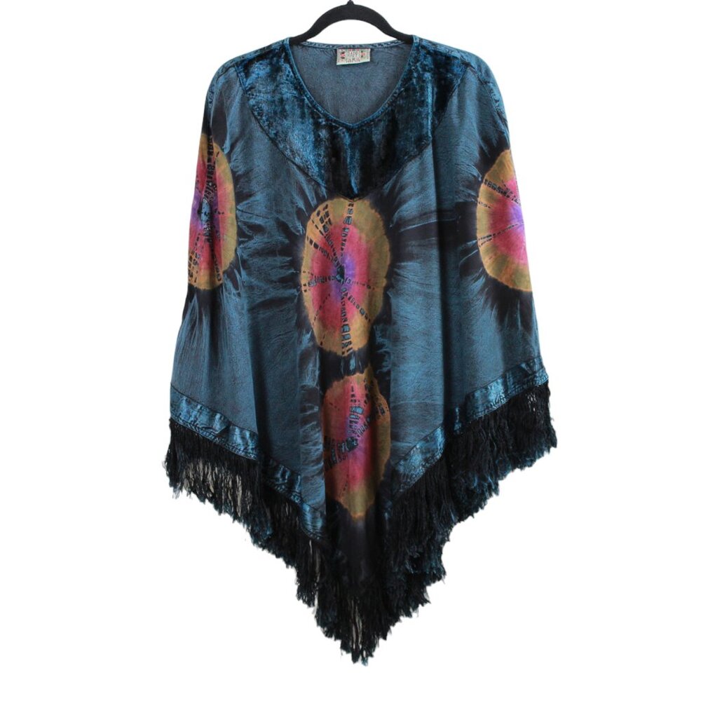 RAPP Blue Tie-dyed Sunburst V-Shape Fringe Poncho